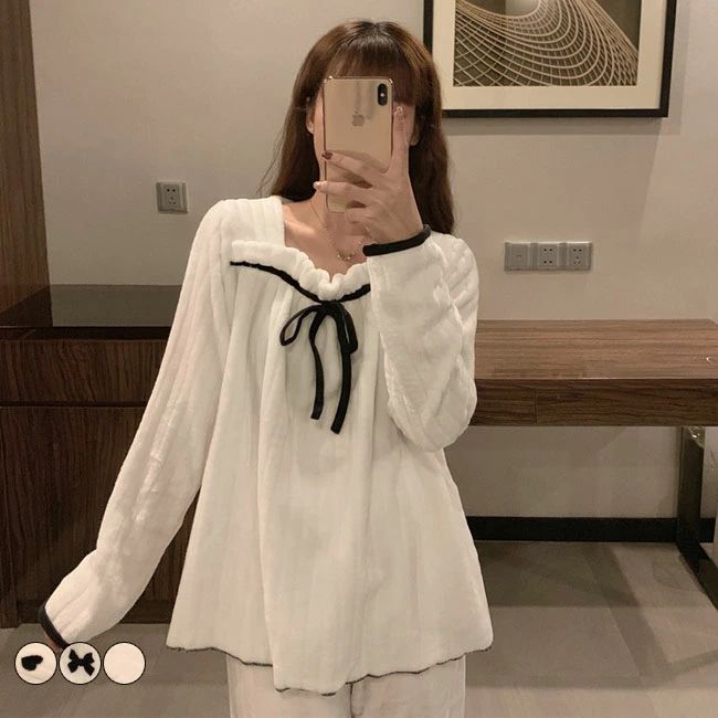 トウェア リボン 黒白 防寒 部屋着 プルオーバー 長袖 上下セット 女性用 大人 リボン柄 ハート柄 無地..