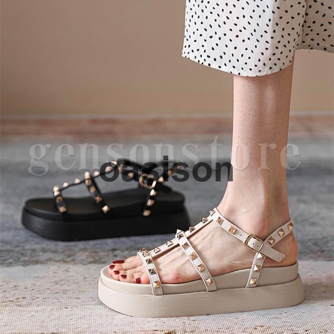 ム スタッズ付き ストラップサンダル レディース 5cmヒール 美脚 ペタンコ 靴 ボリュームソール ダッドシューズ かわいい 婦人靴