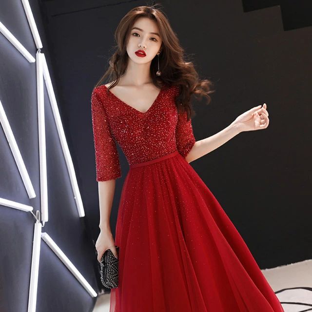 婚式ドレス 二次会ドレス ロング丈 袖あり ゲストドレス 編み上げ スパンコール ドレス チュール 20代 30代 20代 30代 送料無料