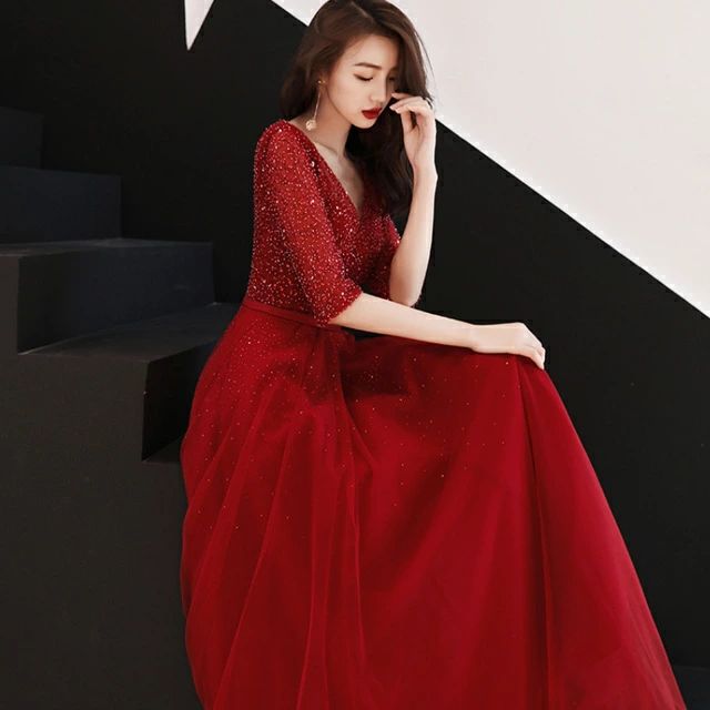 婚式ドレス 二次会ドレス ロング丈 袖あり ゲストドレス 編み上げ スパンコール ドレス チュール 20代 30代 20代 30代 送料無料