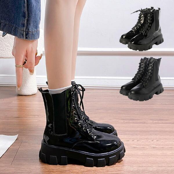 ショートブーツ ブーツ レースアップ 合皮 PUレザー 黒 歩きやすい 太ヒール シューズ 靴 レディース ブラック