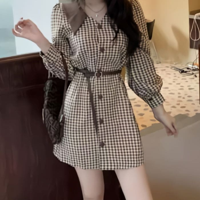 ック柄 ワンピース ウエストベルト 春秋 長袖 ワンピース 通学 カジュアル ガーリー 可愛い きれいめ 10代 20代 おしゃれ 16651