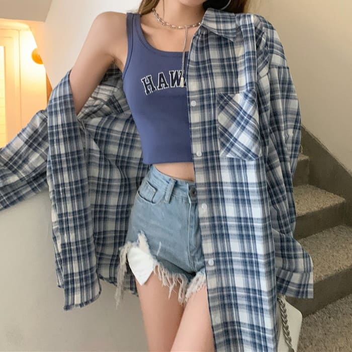 樂天商城 - 韓国 チェック柄 カジュアルシャツ 春秋 長袖 トップス 通学 カジュアル ガーリー 可愛い きれいめ 10代 20代 おしゃれ 17094
