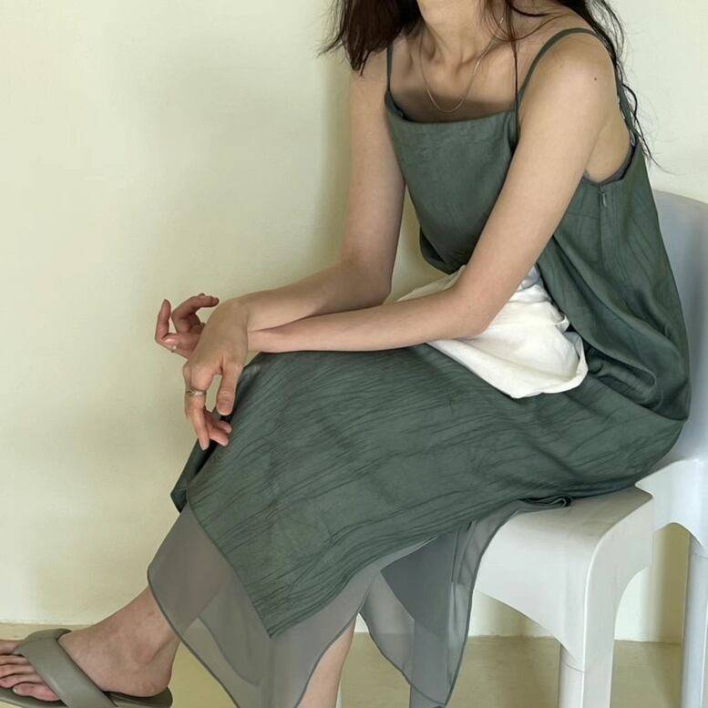 シンプル グリーン スリット ロングワンピース レディース グレー 2color シフォンキャミドレス ノースリーブ ロング丈 オシャレ