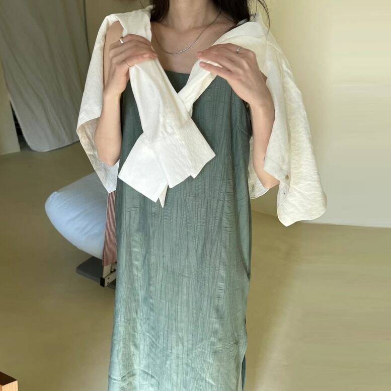 シンプル グリーン スリット ロングワンピース レディース グレー 2color シフォンキャミドレス ノースリーブ ロング丈 オシャレ