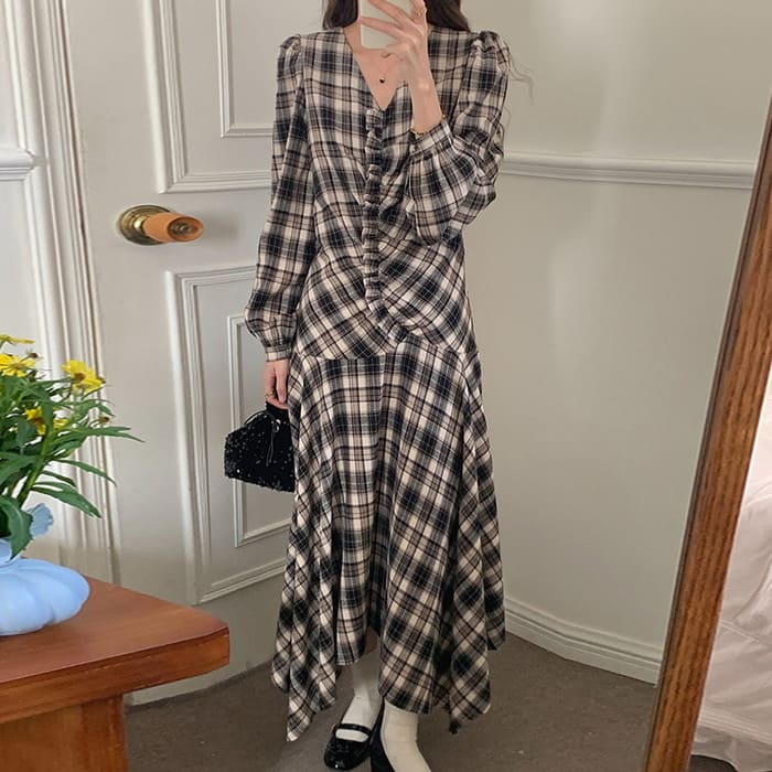 ン 韓国 ワンピース チェック柄 デザイン切替 不規則 ロング丈 長袖 秋春 通学 カジュアル フォーマル 10代 20代 おしゃれ 16171