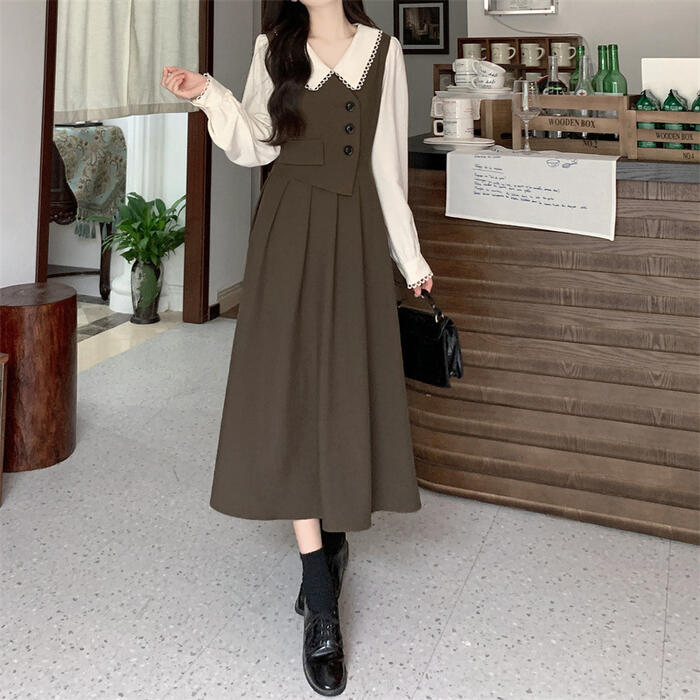 50代 40代 30代 20代 冬 秋 春 アシンメトリー ブラウン 体型カバー Aライン ミモレ丈 ハイウエスト フェミニン 可愛い 大人 袖