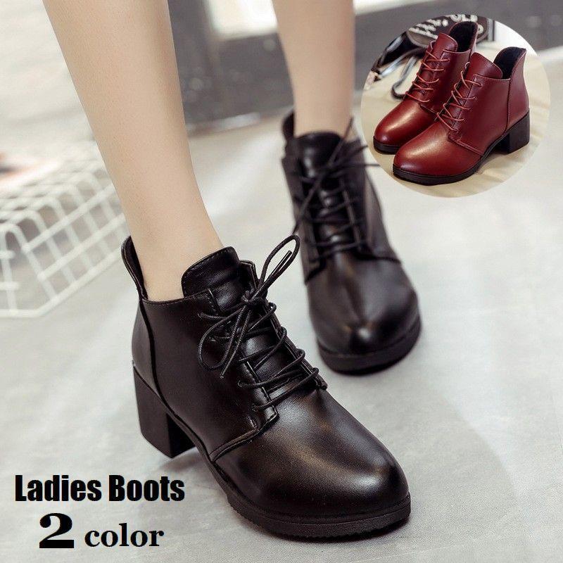 ショートブーツ レディース 靴 レースアップ くつ ミドルヒール チャンキーヒール 太ヒール フェイクレ..