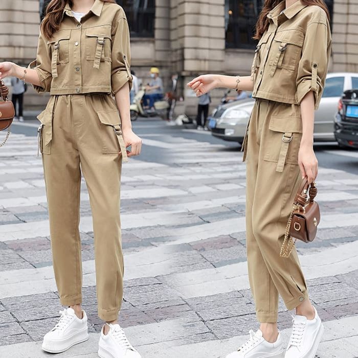 ン 韓国 セットアップ ショートジャケット カーゴパンツ 2点セット ミリタリー 秋春 通学 カジュアル 1..