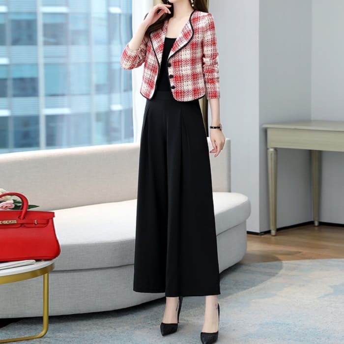 レディース チェック ツイード ジャケット ワイド パンツ スーツ 2色 秋春 ビジネス 卒業式 入学式 フォーマル カジュアル 15912