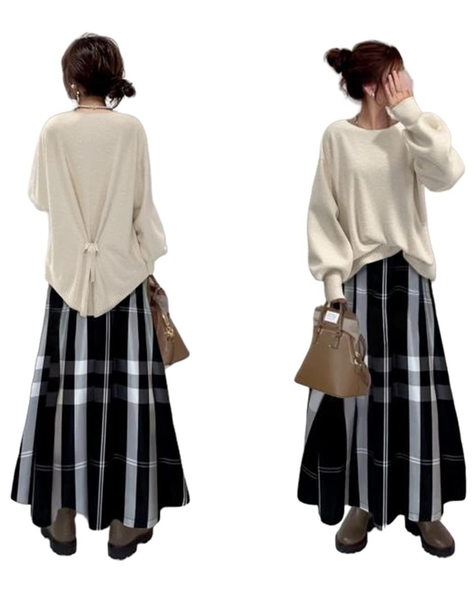 ングスカート ニットセーター 後ろリボン ゆったり カジュアル 可愛い オシャレ 大人 通勤 春秋冬 (写真色 Free size Free Size)