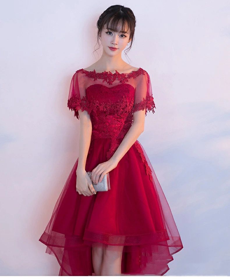 丈 オフショルダー シースルー ベアトップドレス 編み上げ 赤 ワインレッド Aライン 結婚式 演奏会 同窓会 お呼ばれ 二次会 花嫁 2