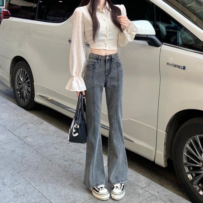 Capri Pants - ハイウエストマイクロフレアジーンズ レディース オールシーズン ボトムス 中学生 高校生 ガーリー カジュアル 通学 通勤 b13175
