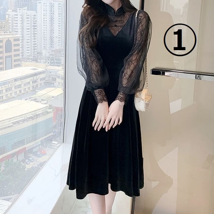 人気 パーティードレス ハイウエスト 長袖 シアー Aライン レディース 10代 20代 30代 40代 50代 b13069