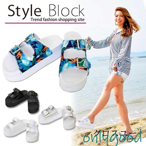 サンダル レディース 厚底 ベルト コンフォートサンダル ブラック ホワイト シルバー ボタニカル カジ..