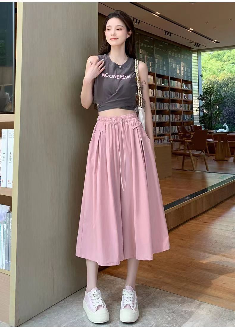 ワイドパンツ ガウチョパンツ ボトムス キュロットロング スカーチョ イージーパンツ ハイウエスト ウエストゴム ゆったりA ライ