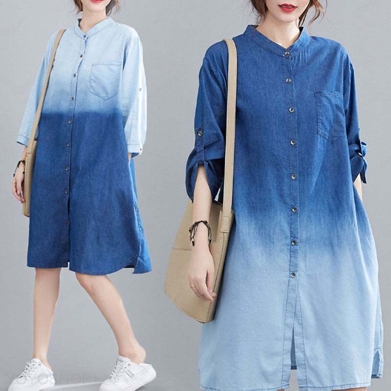 韓国ファッション デニムシャツ ロング丈 おしゃれシャツ チュニックワンピース シャツワンピース チュニックチュニックワンピースデニムシャツデニム特集夏春