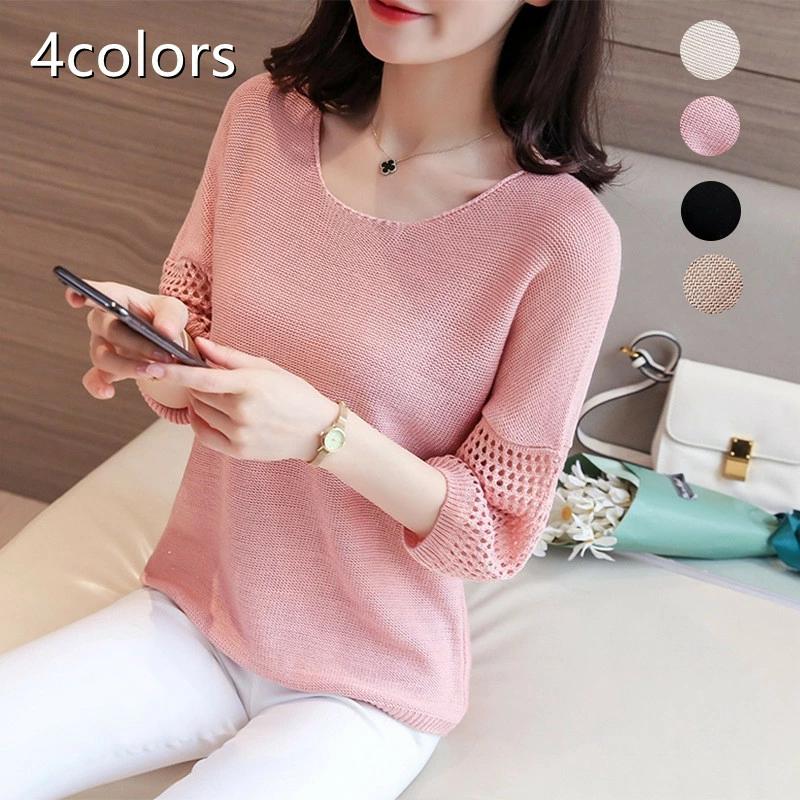 サマーニット ロングシャツ Tシャツ 大きい 長袖 白 アイレット ニットシャツ クルーネック プルオーバー トップス レディース