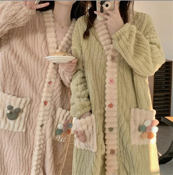 ミモレ丈 ルームワンピース 秋冬 前開 パジャマ 冬 レディース ワンピース レディース ルームウェア もこもこ かわいい パジャマ