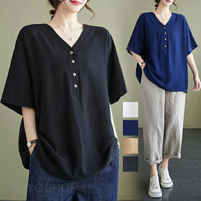 Tunics - 半袖シャツ レディース シャツ Vネック 夏 チュニック ブラウス シャツブラウス 白シャツ ホワイトシャツ 半袖 tシャツ プルオーバーチュニック 5分袖 無地シャツ 体型カバー 半開け 綿麻風 春夏 ゆっるとカジュアル風 お洒落 通学 通勤 シンプル 送料無料