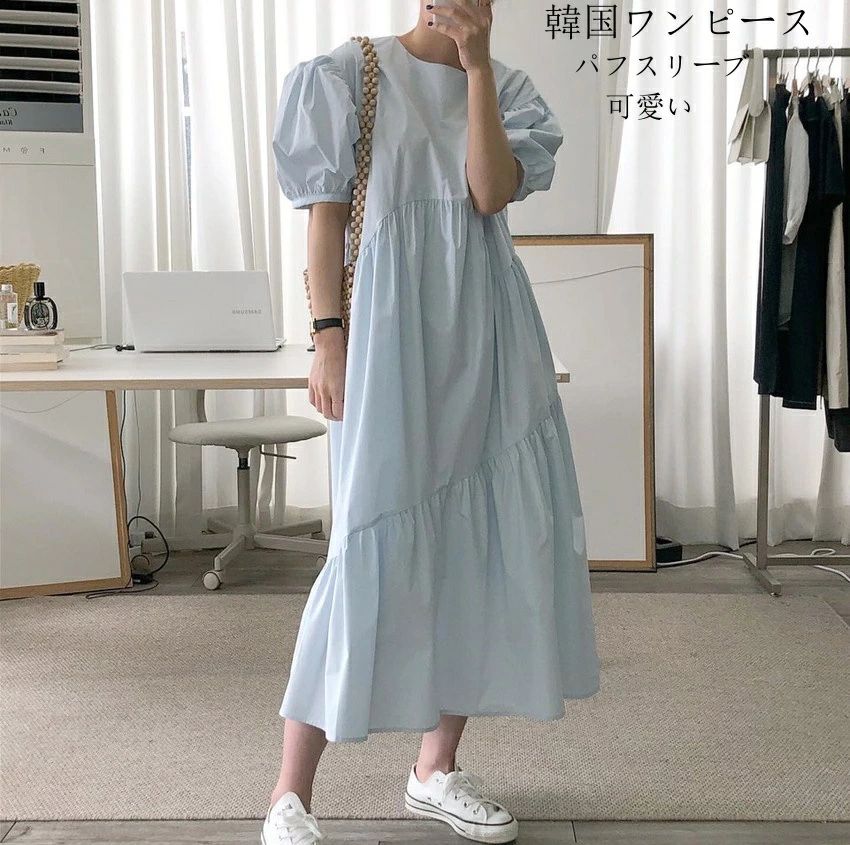 ワンピース ミモレ丈 大きいサイズ ゆったり 大人可愛い パフスリーブ ワンピース 無地 カジュアル シンプル 体型カバー 着痩せ(4)