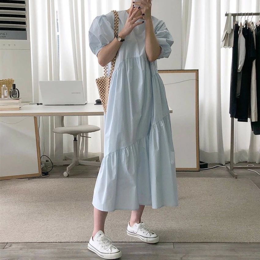 ワンピース ミモレ丈 大きいサイズ ゆったり 大人可愛い パフスリーブ ワンピース 無地 カジュアル シンプル 体型カバー 着痩せ