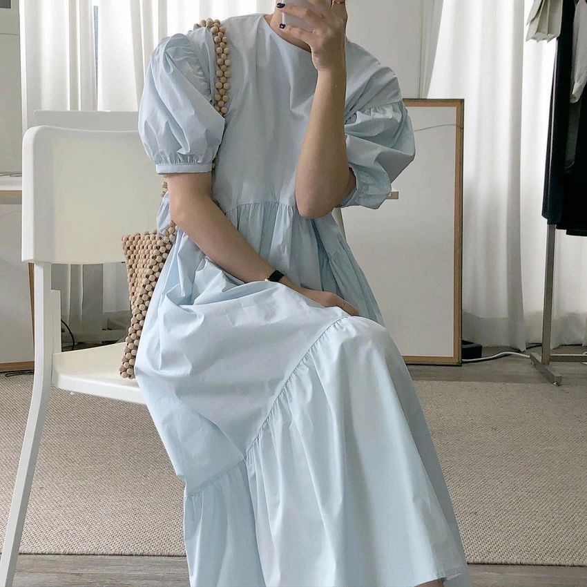 ワンピース ミモレ丈 大きいサイズ ゆったり 大人可愛い パフスリーブ ワンピース 無地 カジュアル シンプル 体型カバー 着痩せ