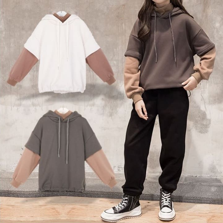 パーカー キッズ 女の子 重ね着風 プルオーバー バイカラー ハイネック 秋冬春 長...