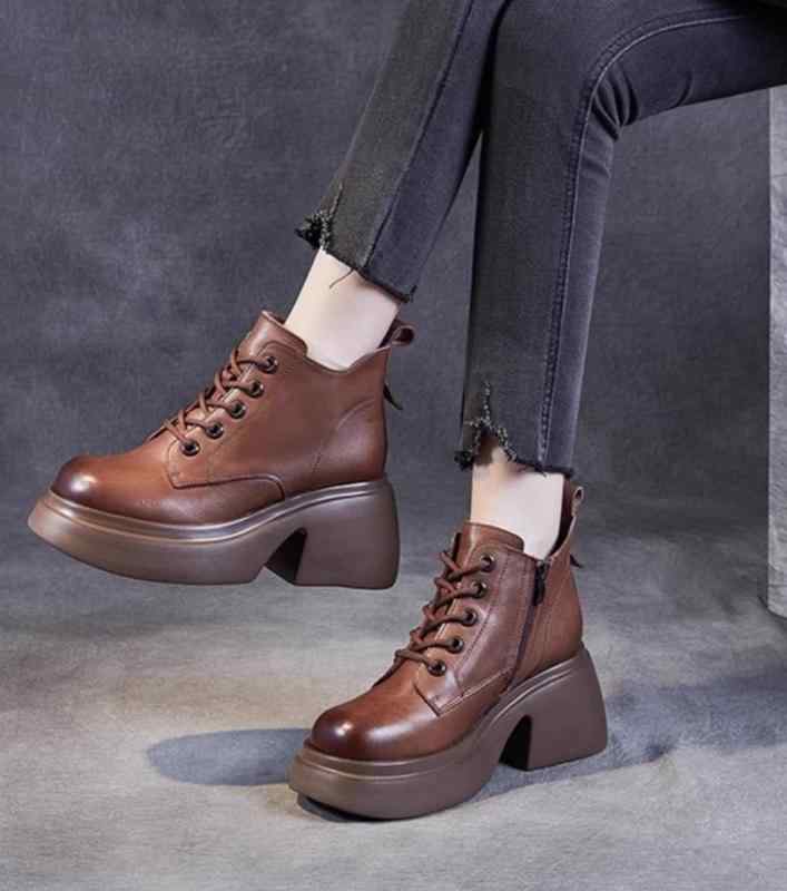 個性的 かっこいい メンズライク 編み上げ 白 ブーティ 茶色 シューズ ショート丈 黒 太ヒール ミドル丈 ラウ レディース ブーツ