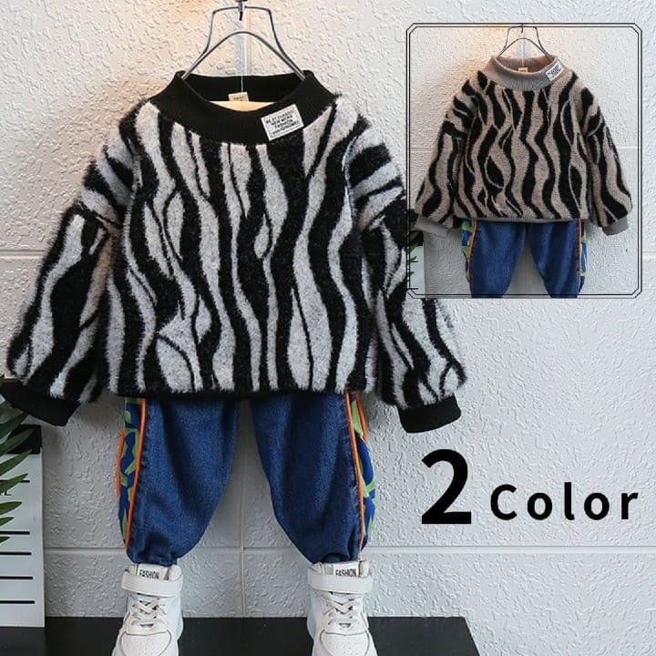 ゼブラ ニット 男の子 秋冬 プルオーバー 長袖 トップス ハイネック 小学生 韓国 子供 ボアトップス 13297