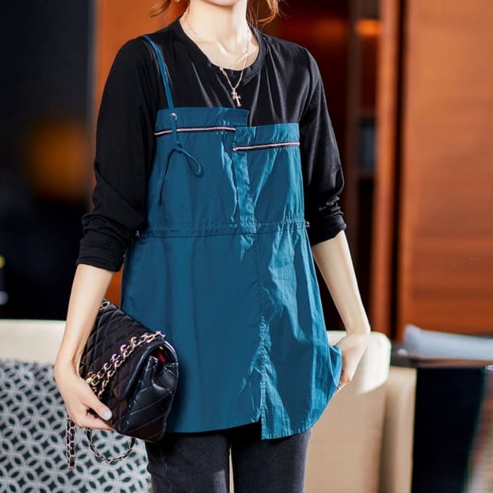 プルオーバー レディース 長T キャミソール 重ね着風 ラウンドネック 体型カバー 大きいサイズ 40代 50代 60代 オシャレ 13409