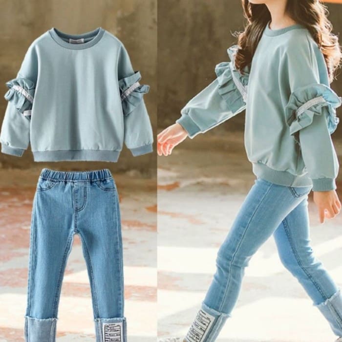 Rakuten - ゃれ 長袖 秋冬春 フリルスリーブ トレーナー デニムパンツ 上下セット 2点セット 韓国子供服 ジュニア カジュアル 可愛い 13277