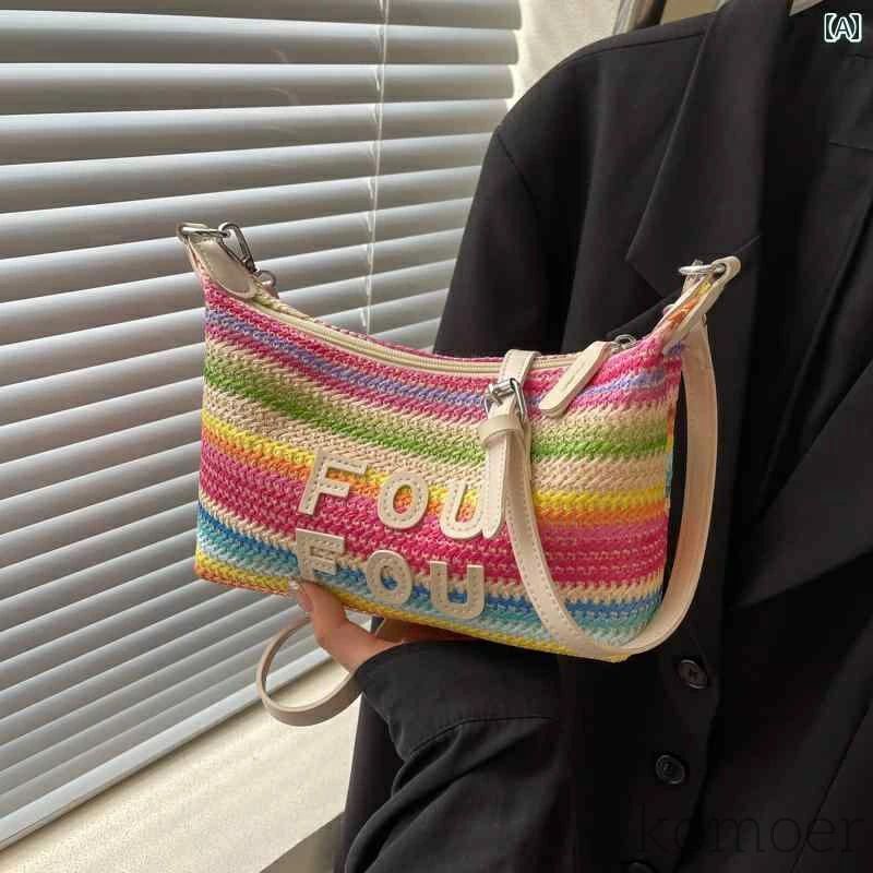 バケット トート ポータブル ショルダー 通勤 ファッション ストロー レインボー 夏大容量 普段使い バッグ(4.0)