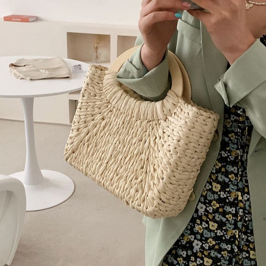 レディース ウッドハンドル スクエア かごバッグ 夏 おしゃれ かばん トートバッグ 11419