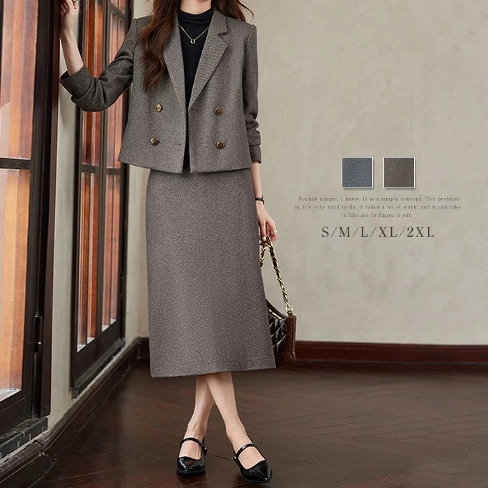 Skirt Suits - ジャケット スカート 2点セット スカートドレス オフィス 長袖 エレガント お洒落 通勤 OL 女性らしい 大きいサイズ 無地 グレー