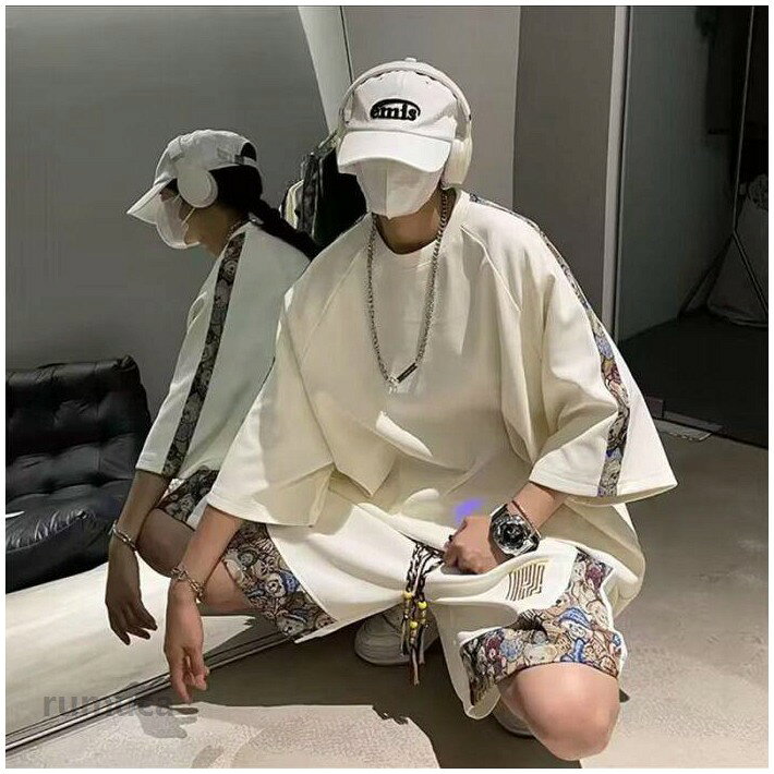 夏 スウェット セットアップ メンズ 半袖 柄 切り替え 上下 2点セット tシャツ ハ...