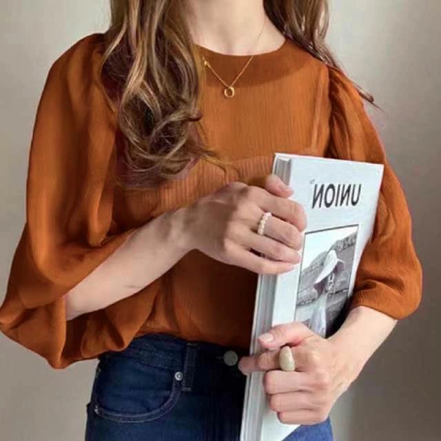 パブロ楽天市場店のバルーンスリーブ シアーブラウス キャミソール付き 2点セット レディース シアートップス ボリューム袖 ブラウス 透け感 涼しい シアー シャツ バルーンブラウス キレイめ 秋 夏 長袖｜アングル2