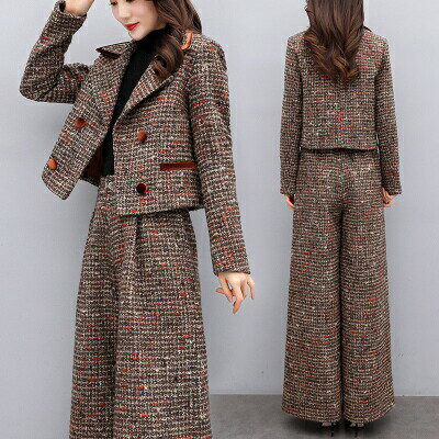 カジュアルスーツ 上下セット 秋 冬 パンツスーツ レディース おしゃれ ジャケット セットアップ セレモニー スーツ フォーマル 長袖 チェック ツイード ブラウン 20代 30代 40代 50代 M L XL 2XL 3XL
