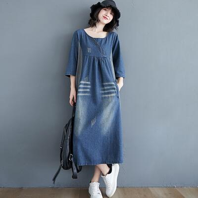 樂天商城 - ワンピース レディース 春 夏 秋 デニム ロング ワンピ きれいめ カジュアル ミモレ丈 七分袖 大人可愛い ドレス ダメージ Aライン 切り替え ヴィンテージ ブルー 20代 30代 40代 50代 M L XL 2XL