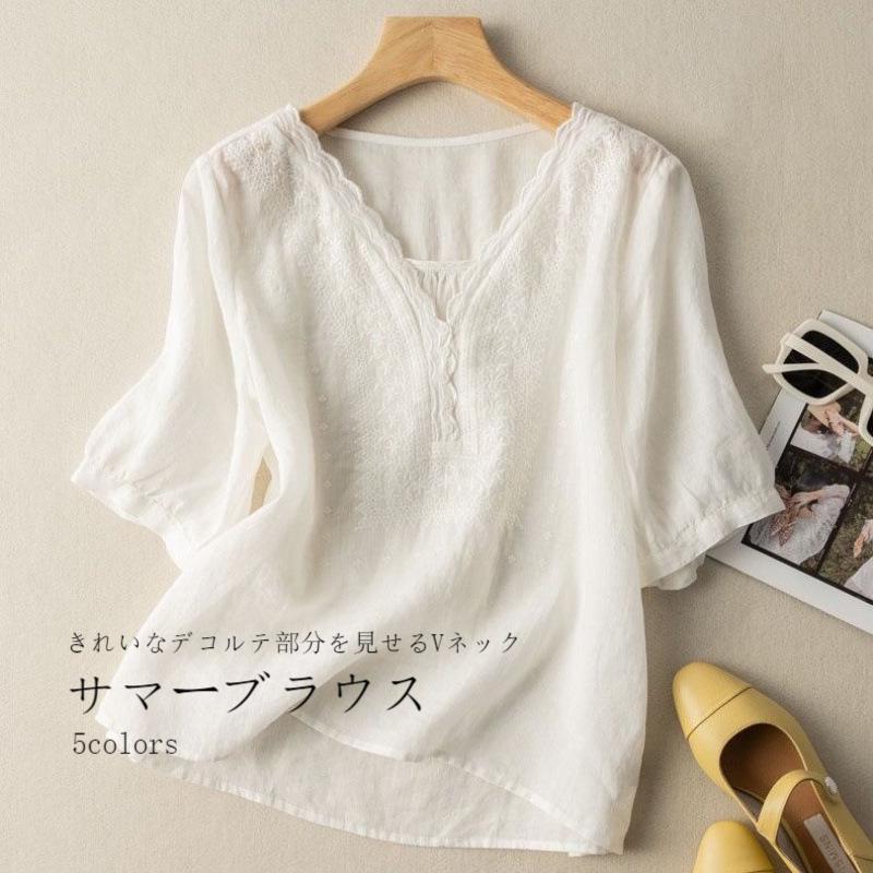 樂天商城 - プルオーバー カジュアルシャツ Tシャツ Vネックブラウス デコルテ見せ シャツ 5分丈袖ブラウス トップス 20代 30代 40代 50代