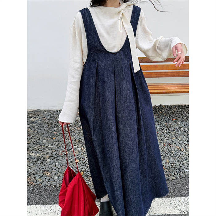 ピース サロペットスカート オールインワン aライン フレア 大きいサイズ 体型カバー ポケット 無地 春秋 送料無料 上品 ブルー