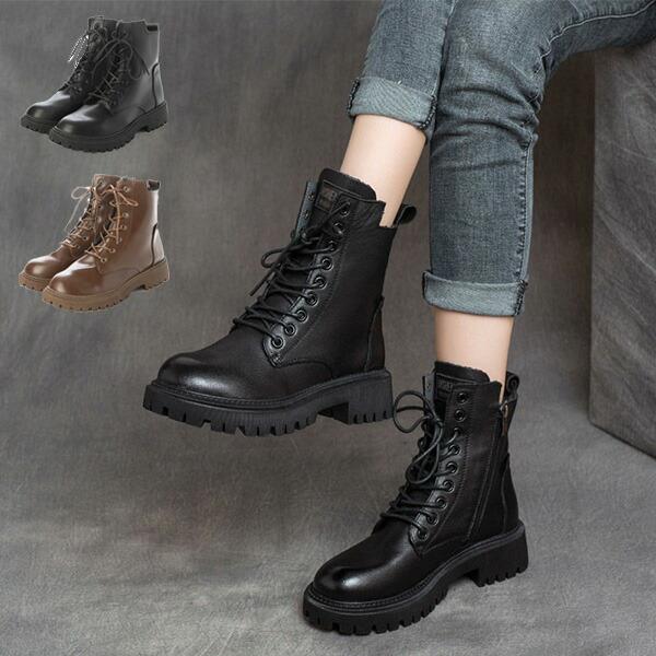 レースアップブーツ ショートブーツ 歩きやすい 裏起毛 暖かい 合皮 PUレザー 黒 太ヒール シューズ 靴 レディース