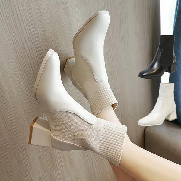 ス ショートブーツ 秋冬 PUブーツ ヒール6cm 靴下ブーツ チャンキーヒール 大きいサイズ 美脚 厚底 疲れない 安定感 歩きやすい