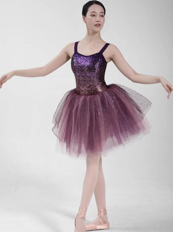 ル グラデーション きらきら バレエ モダン ドレス ふわんり チュチュスカート ダンサー 練習着 試合着 パープル 高級 舞台 演出