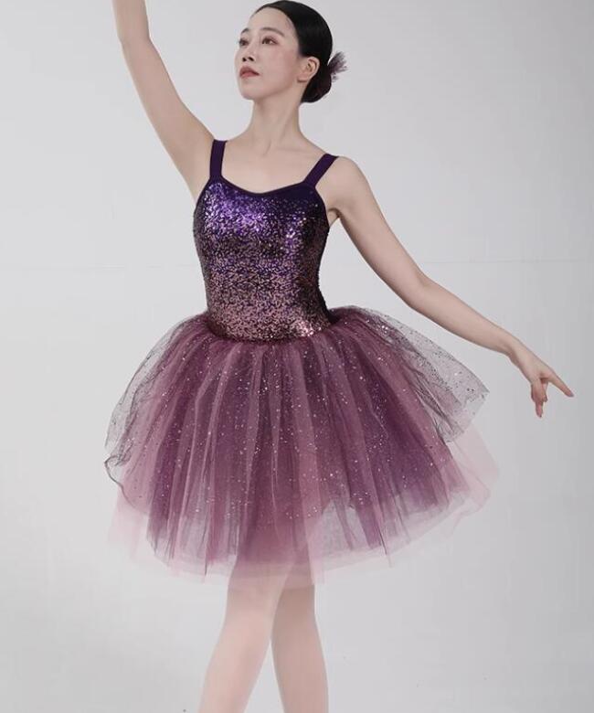 ル グラデーション きらきら バレエ モダン ドレス ふわんり チュチュスカート ダンサー 練習着 試合着 パープル 高級 舞台 演出