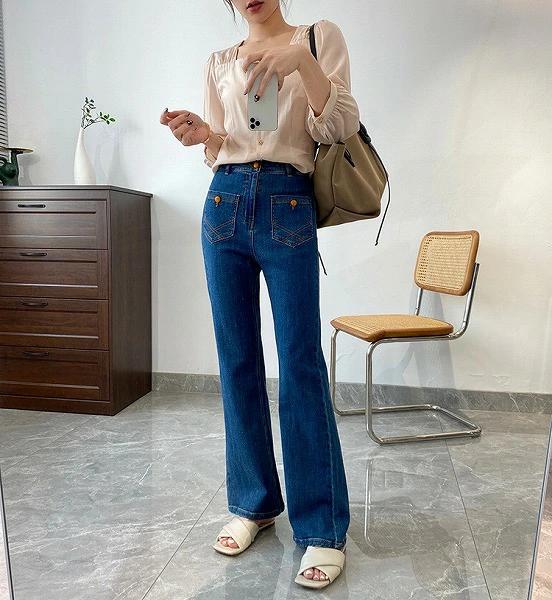 ストレートパンツ春秋 レトロ ジーンズ ハイウエスト デザインセンス