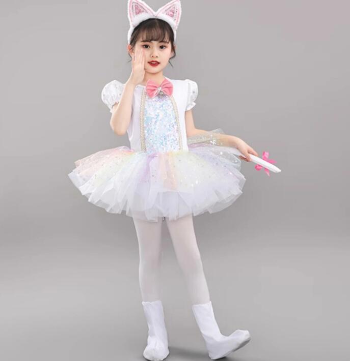 グラデーション ふわふわ 舞台 ステージ ダンス ワンピース 耳カチューシャ 蝶チボン 長い尻尾 足カバ..