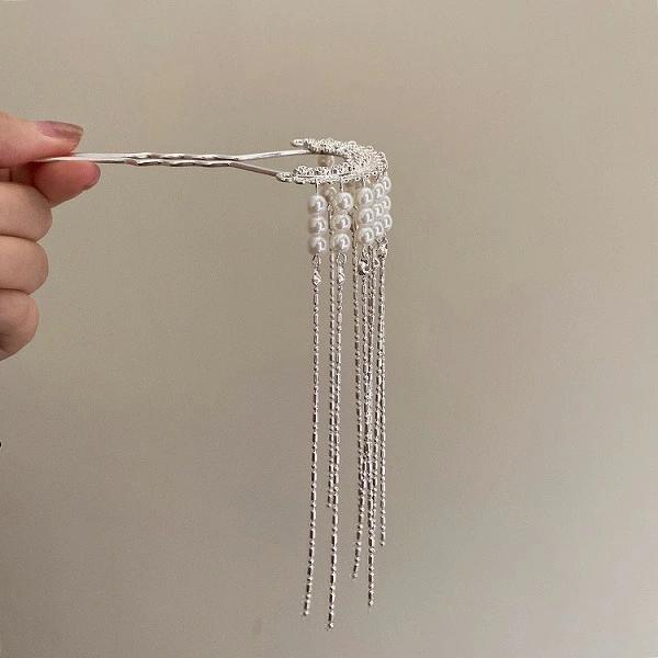 雰囲気感 中華風 真珠 トレンド レトロ 歩揺れ 宮廷 エレガント フリンジ 髪飾り かんざし
