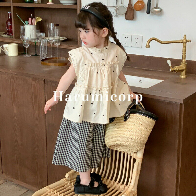 乐天商城 - 子供服 女の子 夏服 韓国子供服 セットアップ ハート柄チェック柄上下セットtシャツ ズボン ガウチョパンツ トップス ボトムス こども服 ベビー服 ジュニア おしゃれ 可愛い 新品 90cm 100cm 110cm 120cm 130cm
