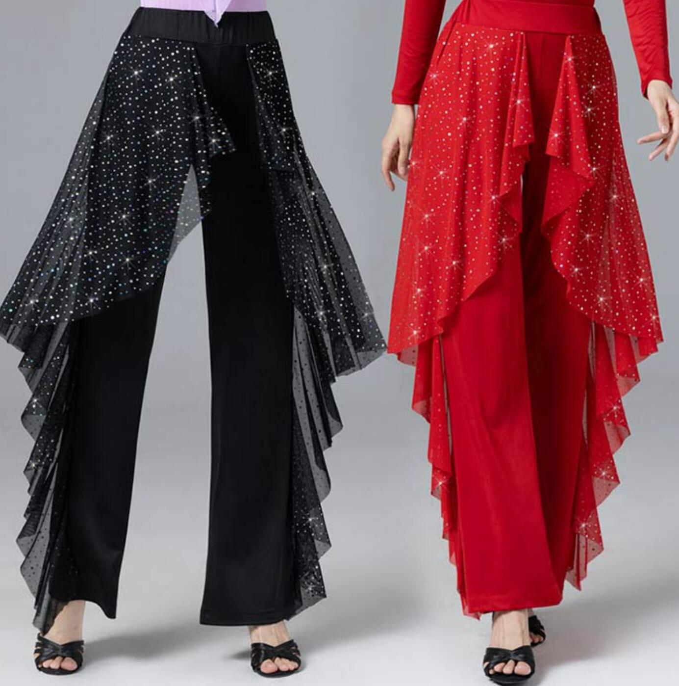 ズボン ワイドパンツ ダンス 衣装 キラキラ フリル 美脚パンツ 演出服 団体演出服 ブラック レッド M L XL XXL 3XL 4XL